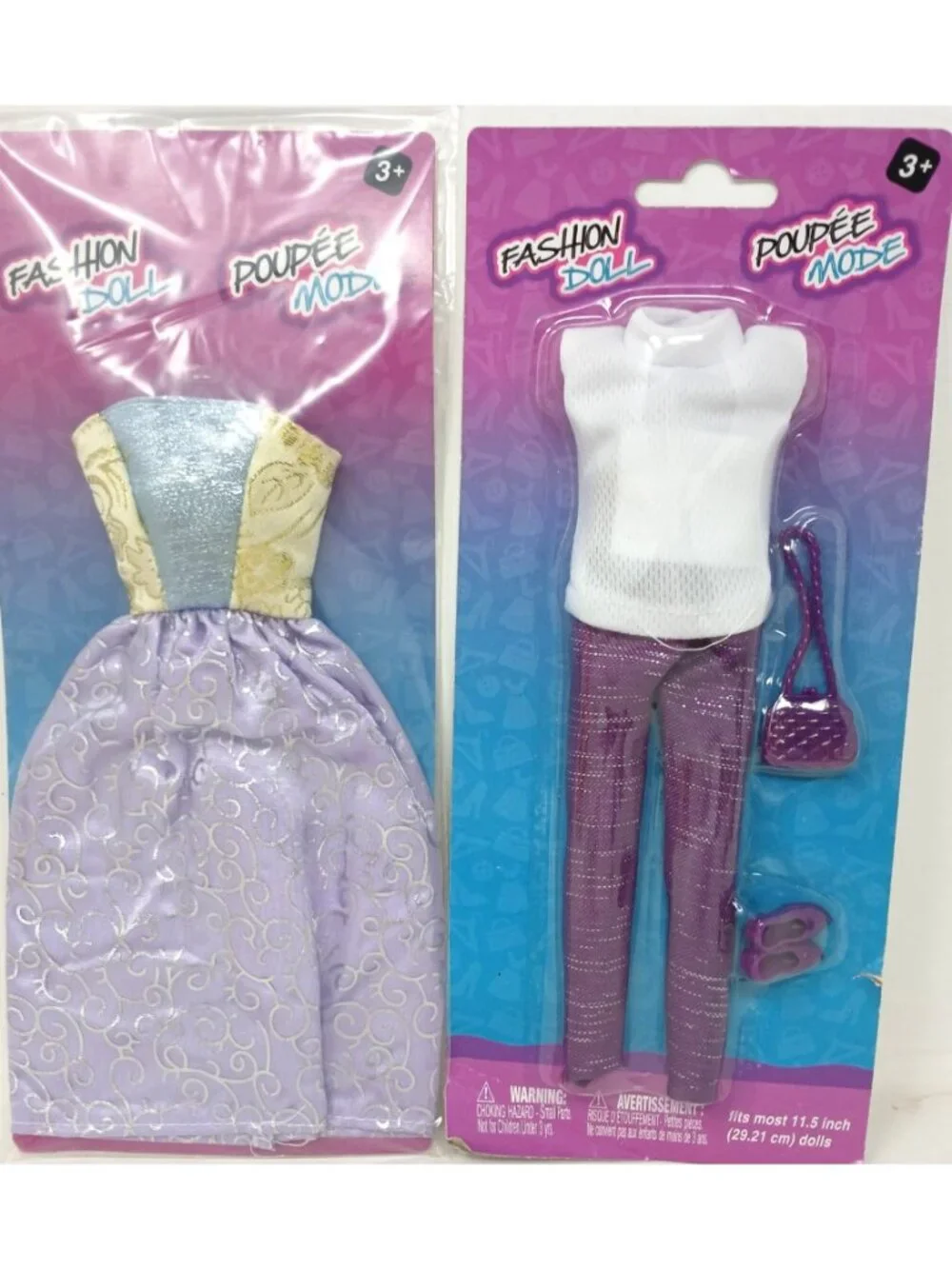 2 Fashion Doll Clothes Set Purple Gown White Top Pants Handbag Shoes #GS-7